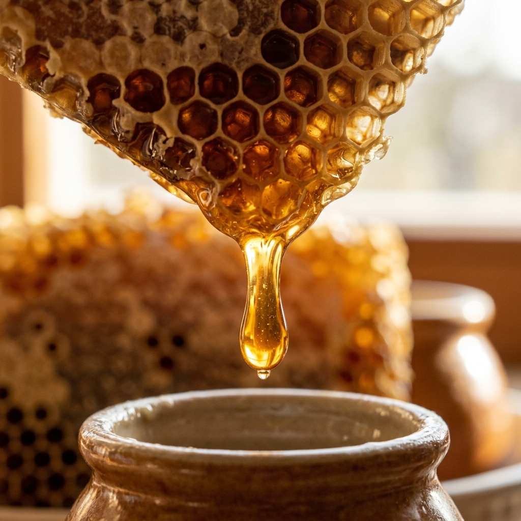 Close-up of golden honey dripping from honeycomb